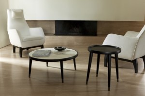 Bigne side table, in walnut, shown with Bigne coffee table with marble top.